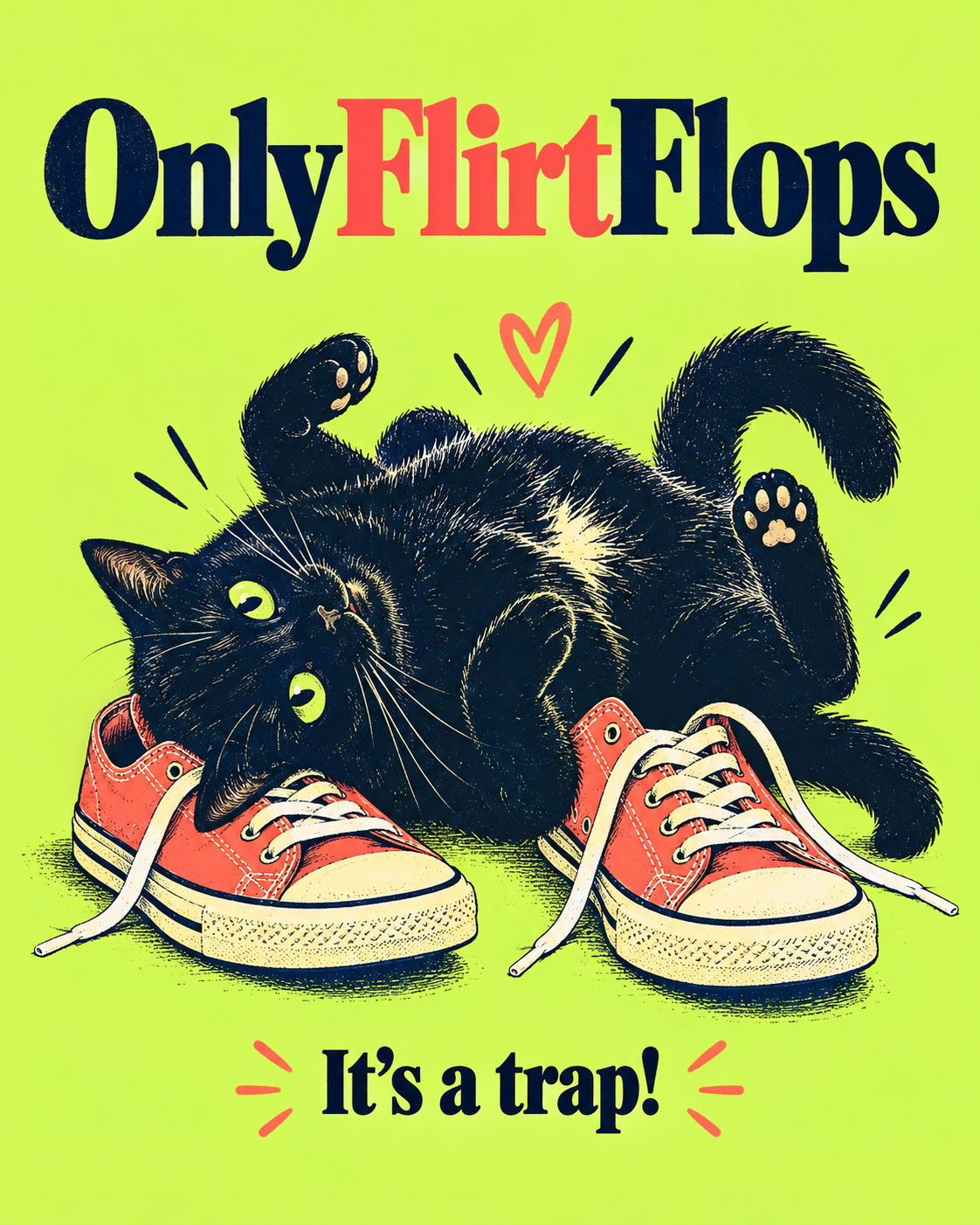 OnlyFlirtFlops artwork: a black cat flopped belly-up between coral sneakers above the tagline It’s a trap!